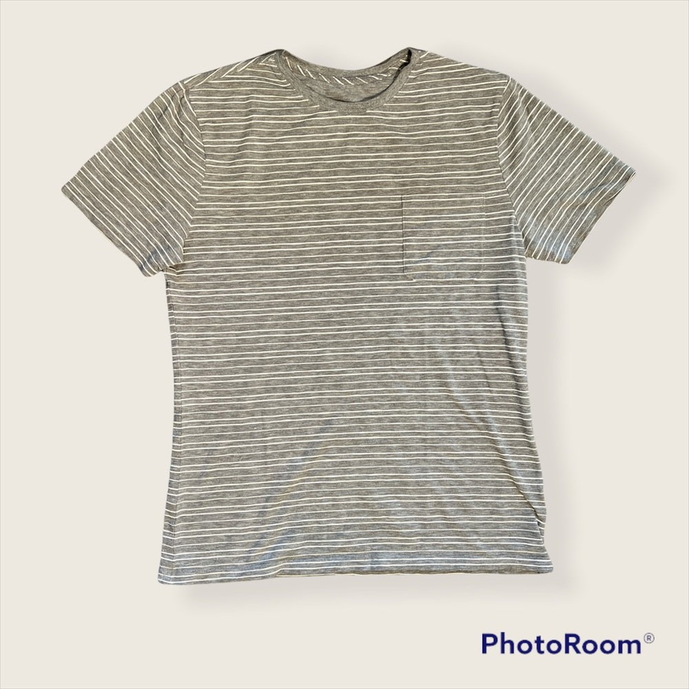 Grey & White Striped Tee with Pocket